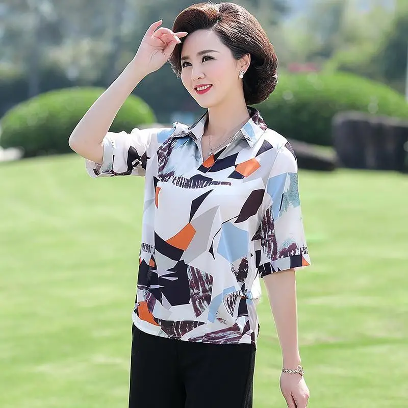 Women Summer Fashion Loose Fashionable Printing Polo-Neck Short Sleeve Chiffon Shirts Women Clothes Casual Appear Thin Thin Tops