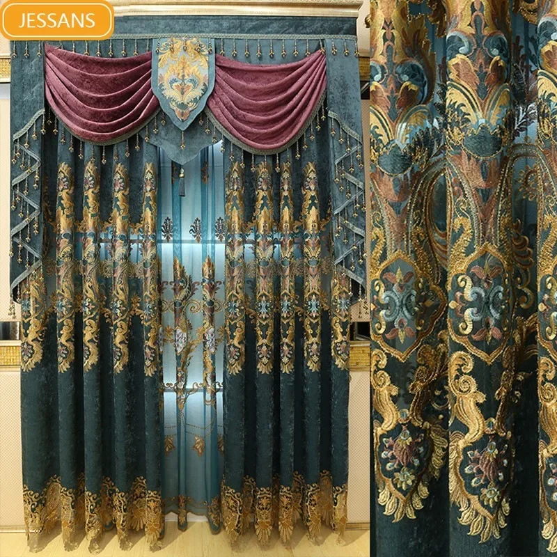 European Curtain Villa Chenille Applique Embroidery Window Screen Luxury and High Taste Curtains for Living Dining Room Bedroom