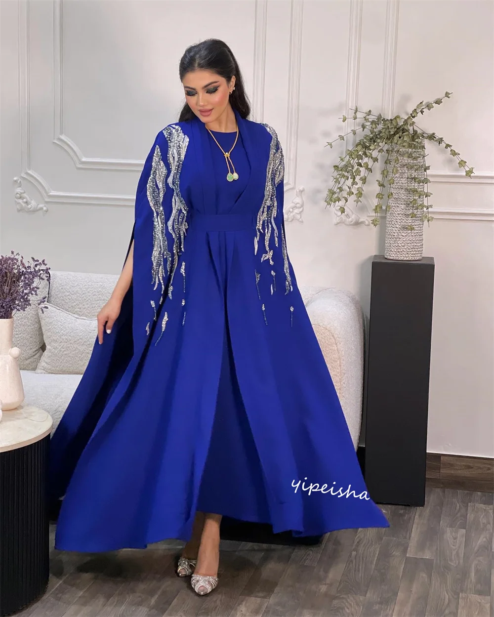 Jiayigong    Saudi Arabia Satin Beading Draped Graduation A-line O-Neck Bespoke Occasion Gown Midi es