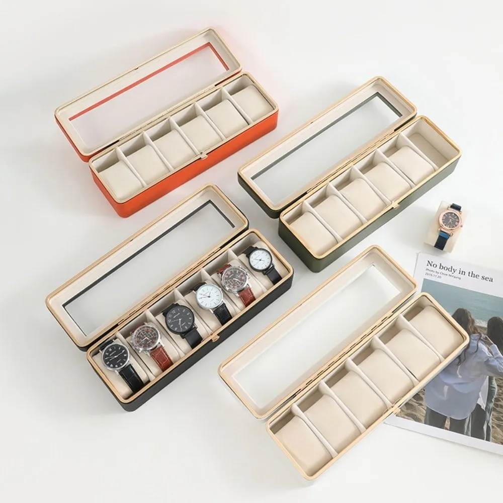 

Новая шкатулка для хранения часов из искусственной кожи с прозрачной крышкой, 6 отделений, мягкий внутренний вкладыш, подставка для часов