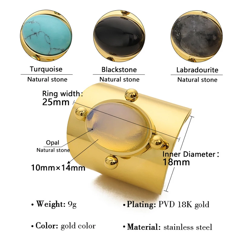 PAPERPLUS | Bohemian Stainless Steel Open Ring for Women. Natural Stone Vintage Jewelry. Waterproof. Trendy