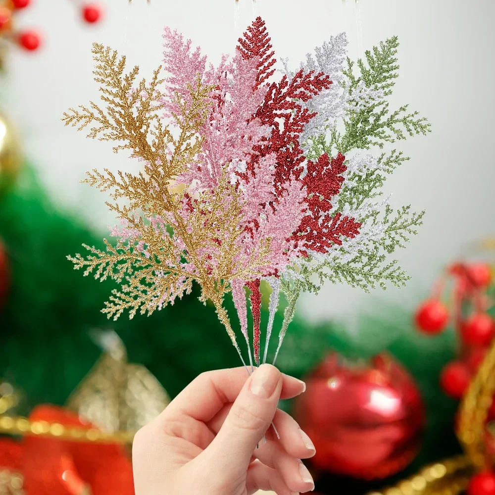 10/5Pcs Glitter Artificial Pine Branches Xmas Tree Pine Needles Stems Branches DIY Garland Ornaments Navidad Party Home Decors