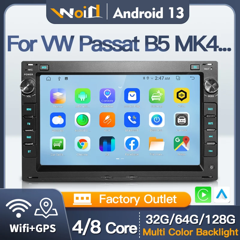 7''Car Android13 Radio For VW Volkswagen PASSAT B5 MK4 MK5 SHARAN Jetta Bora Polo TRANSPORT T5 CITI CHICO Player CarPlay Wifi BT