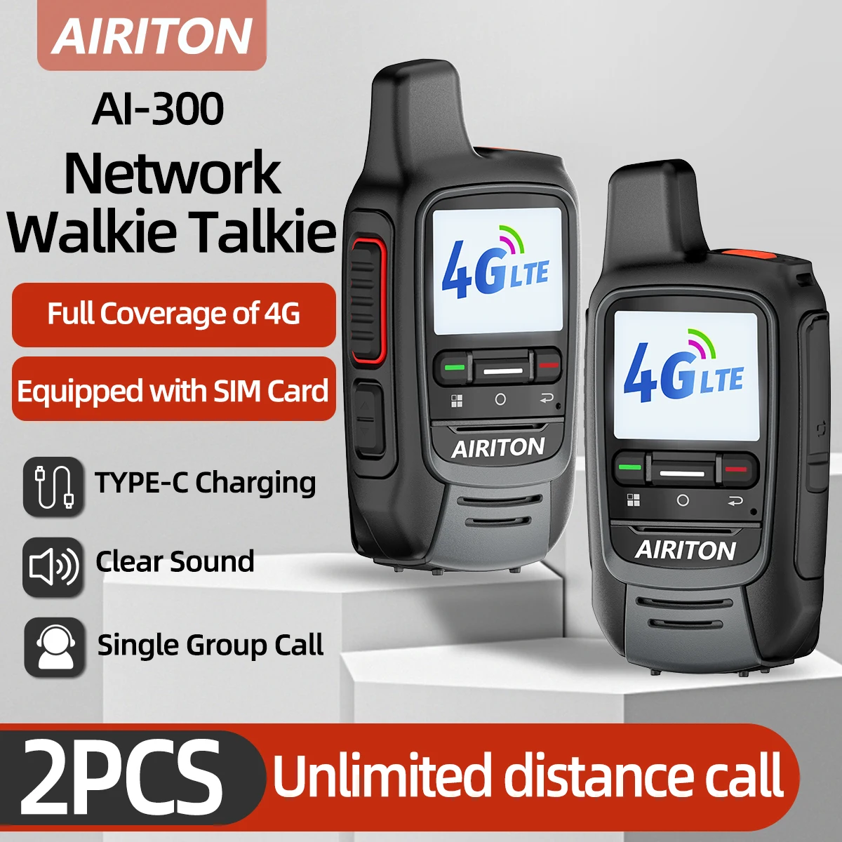 

AIRITON AI-300 Global POC Radio Network Walkie Talkie 4G Lte Radio Unlimited Range Type-C Charger Two Way Radio with SIM Card