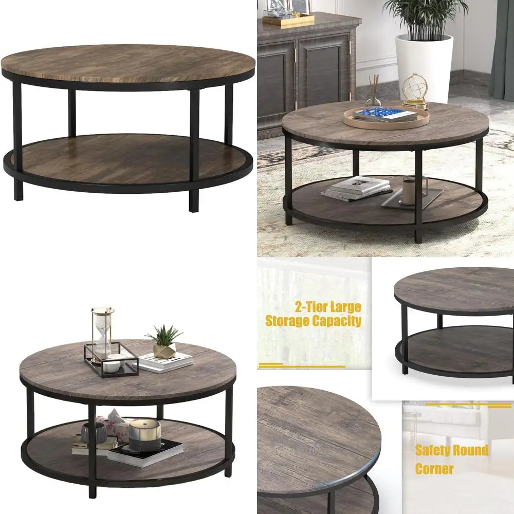 

Rustic Industrial 35.8 Round Coffee Table with Metal Frame and Open Storage Shelf, Easy Assembly, Gray Brown
