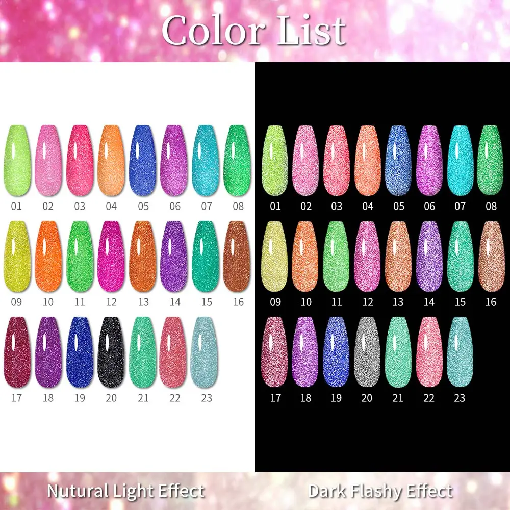 MIZHSE 23PCS Gel Nail Polish Set Reflective Fluorescent Glitter Gel Soak Off UV/LED Neon Color Gel Varnish For Nail Art Design