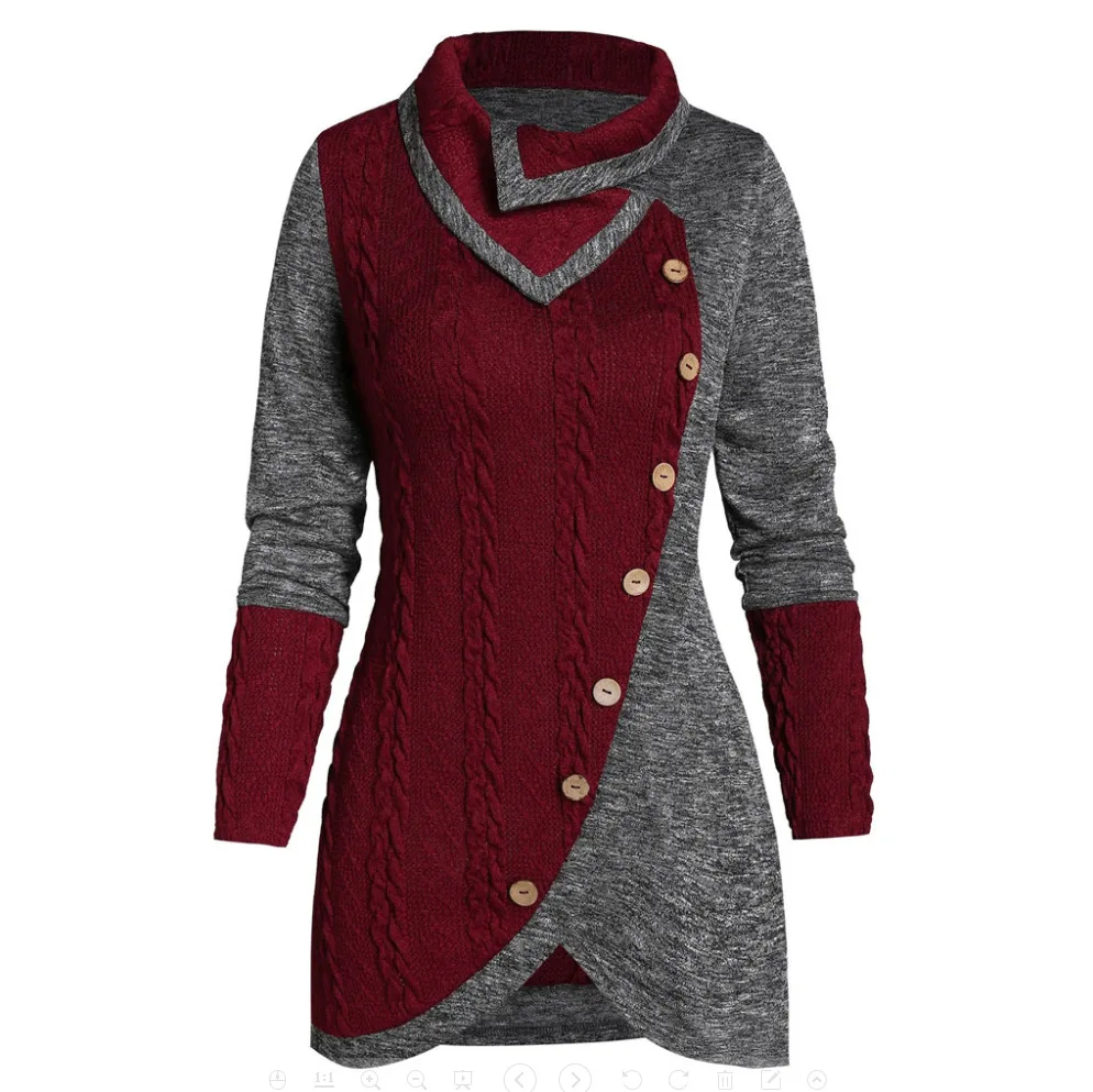 Women's Collar Long Sleeved Button Decoration Solid Color Splicing Irregular Knitted Sweater Long Sleeves Dresses