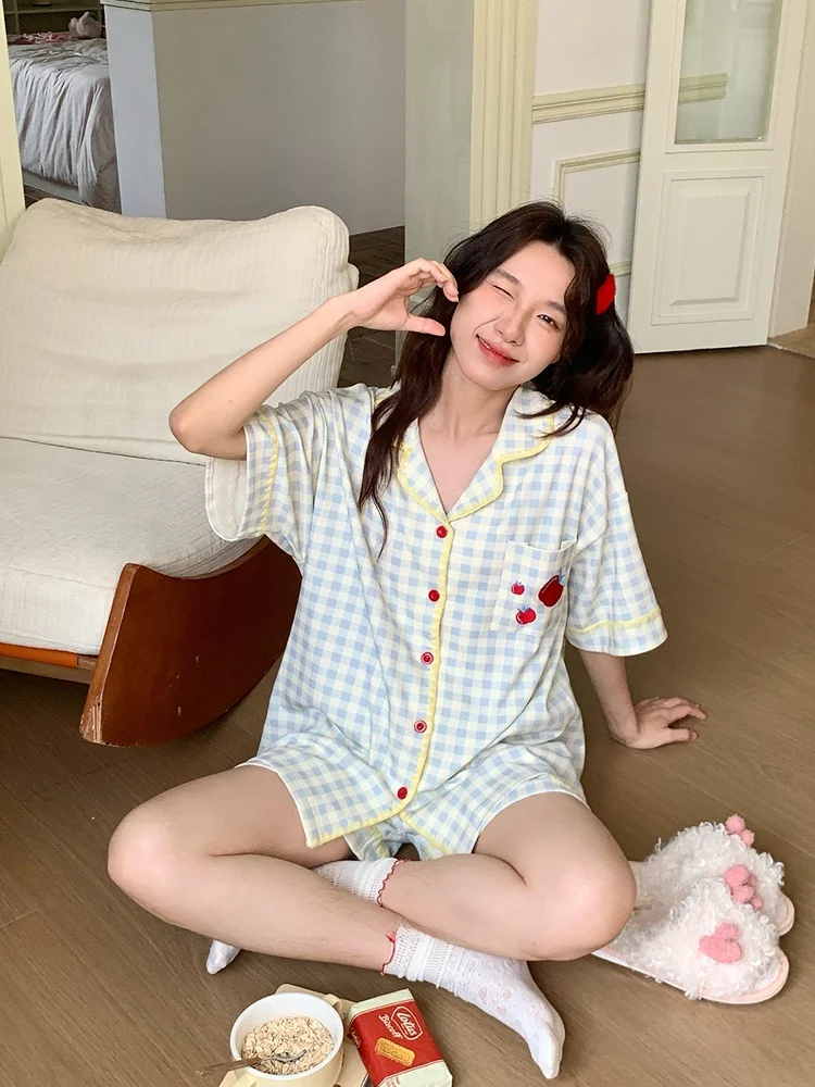

Cute Korean Cartoon Short Sleeve Sleepwear Pure Cotton Material Summer Casual Plaid Home Clothes INS Style Youth Pyjamas