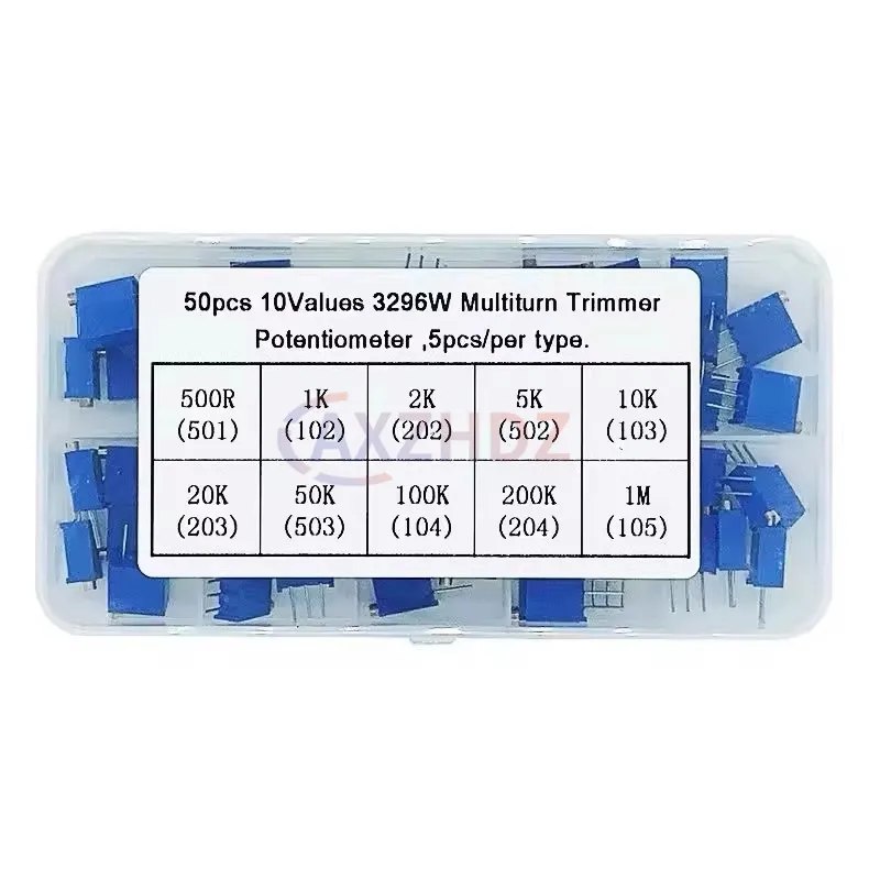 50PCS Multiturn Trimmer Potentiometer Kit 3296W 500R 1K 2K 5K 10K 20K 50K 100K 200K 1M High Precision 3296 Variable Resistor Set