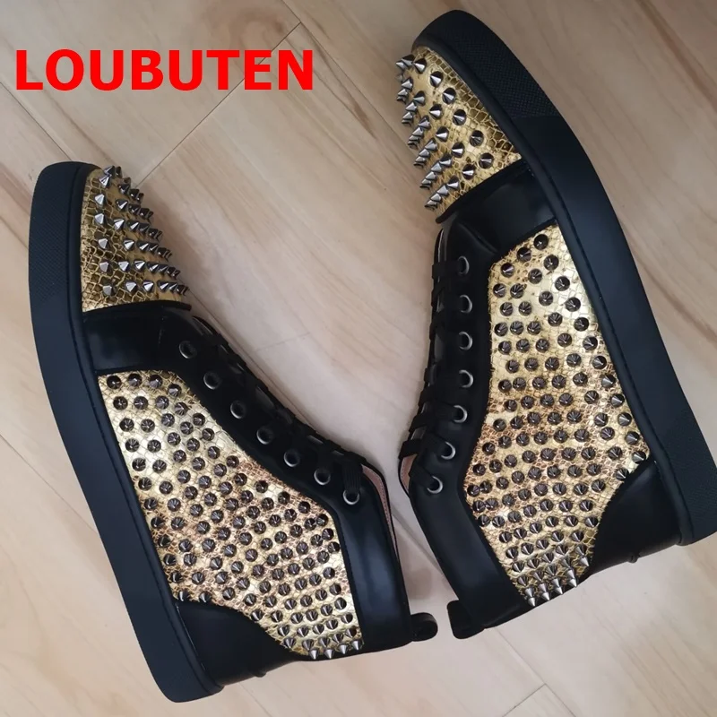 LOUBUTEN Men Gold And Black Mixed-color Genuine Leather Sneakers Red Bottom Rivet Shoes Men\'s Flats Vulcanizar Casual Shoes