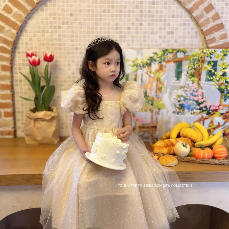 

Girls Puff Sleeve Sequin Embroidery Princess Dress Summer Dress Little Girl Thin Birthday Dress Fashionable Children's Long Dres