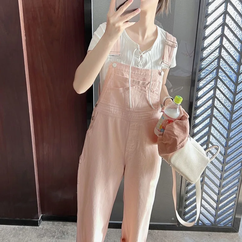 2024 New Pink Denim Baggy Jumpsuit Overalls Women Loose High-waisted Straight Rompers Trousers Youth Girls Casual Jeans Playsuit