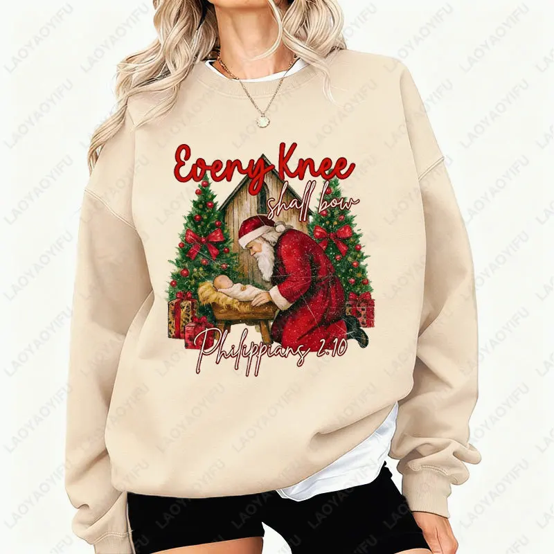 عيد الميلاد كل الركبة يجب أن يكون القوس البلوز مشهد المهد Crewneck البلوفرات الدينية عيد الميلاد Preppy الكتاب المقدس الآية سانتا هوديي #4