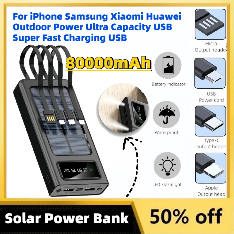 High-Quality 80000mAh Solar Power Bank For iPhone Samsung Xiaomi Huawei Outdoor Power Ultra Capacity USB Super Fast Charging USB