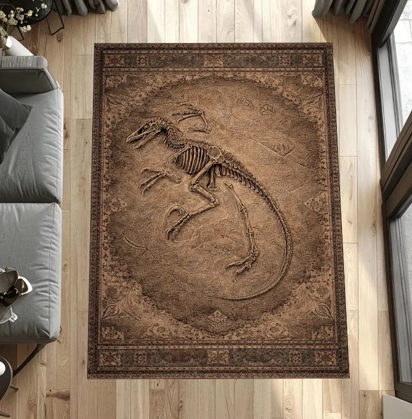 Dinosaur Skeleton Area Rug, Antique Fossil Style Living Room Rug, Dark Vintage Home Decor Carpet