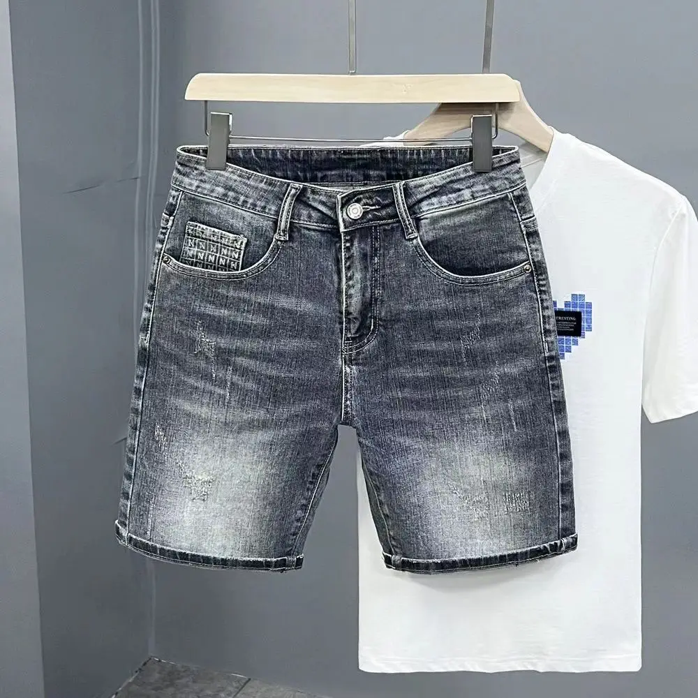 Men's Summer Streetwear Designer Clothes Vintage Printed Knee-Length Denim Shorts for Men Stretchy and Breathable Casual Jeans