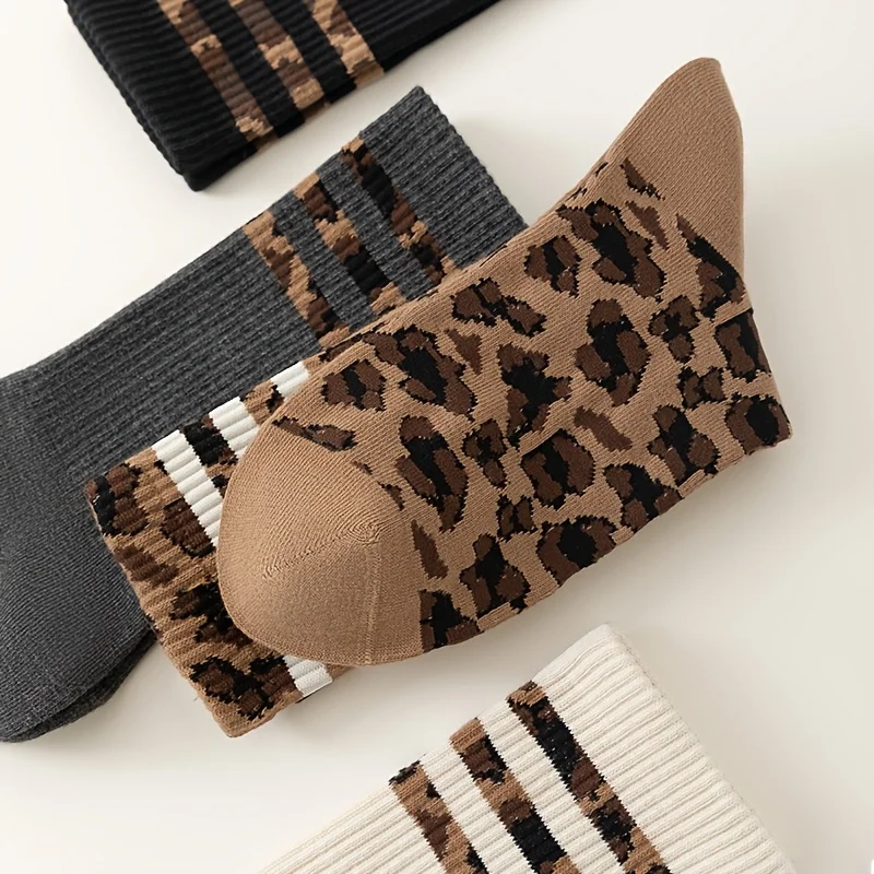 3 Paar Damen-Socken bis zur Mitte der Wade, Frühling und Herbst, trendige lange Socken mit Leopardenmuster, Herbst- und Wintermode, vielseitige, rutschfeste hohe Socken – Detail 7