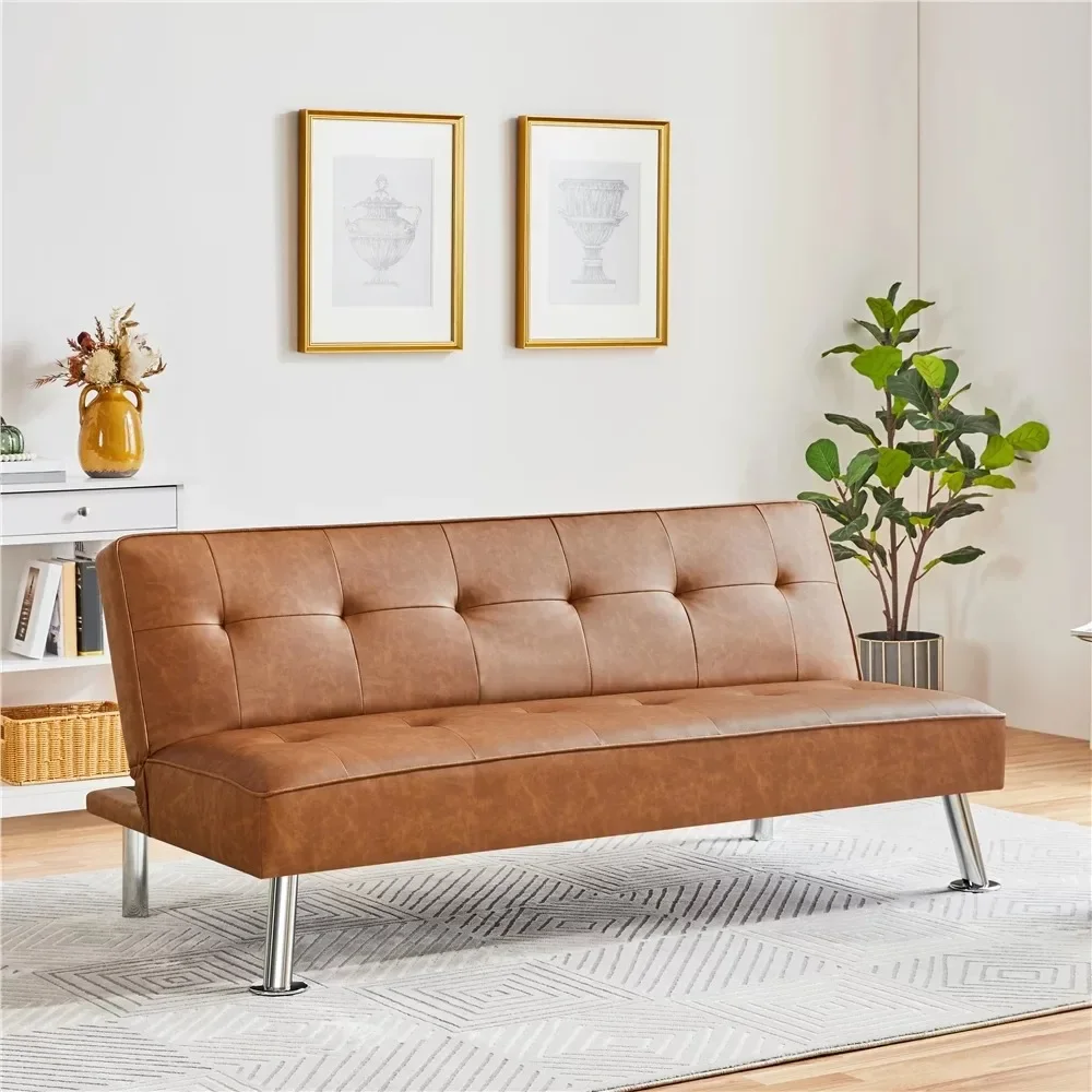 Easyfashion Convertible Faux Leather Futon Sofa Bed, Brown 2023 New