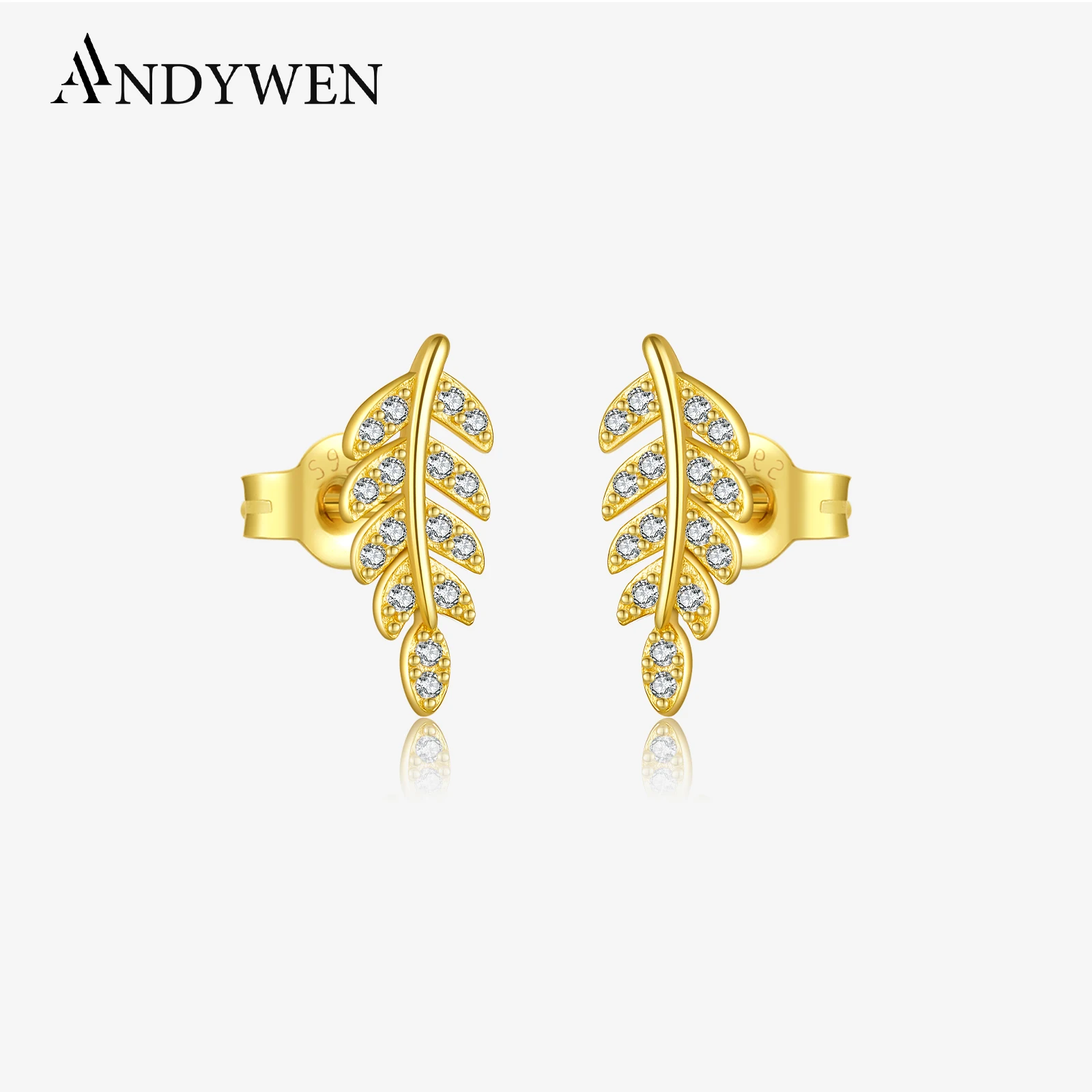 

ANDYWEN 925 Sterling Silver Gold Leafs Stud Earring Piercing Pendiente Clips Women Luxury Spring Valentiens Jewels Pave CZ