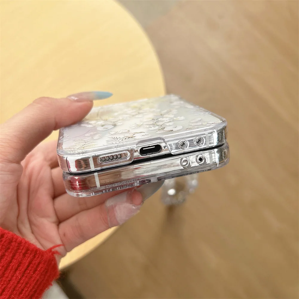 Minimal Elegant Creamy Flower Printed Clear Phone Case for Samsung Galaxy Z Flip 7-3 Pearl Crystal Bead Strap Protective Cover