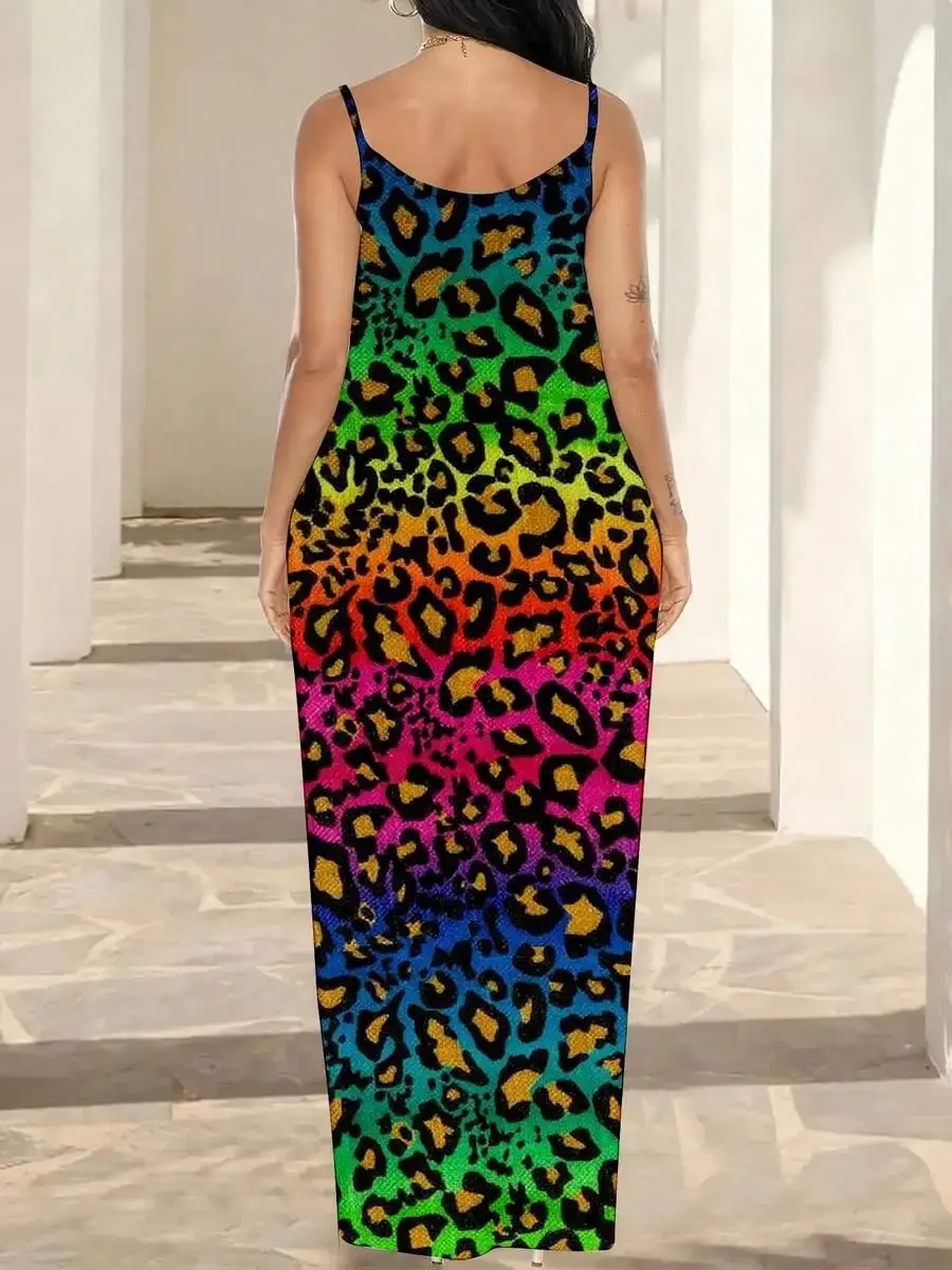 

Women Spaghetti Strap Maxi Dress With Pockets Rainbow Leopard Print Summer Beach Casual Long Dress