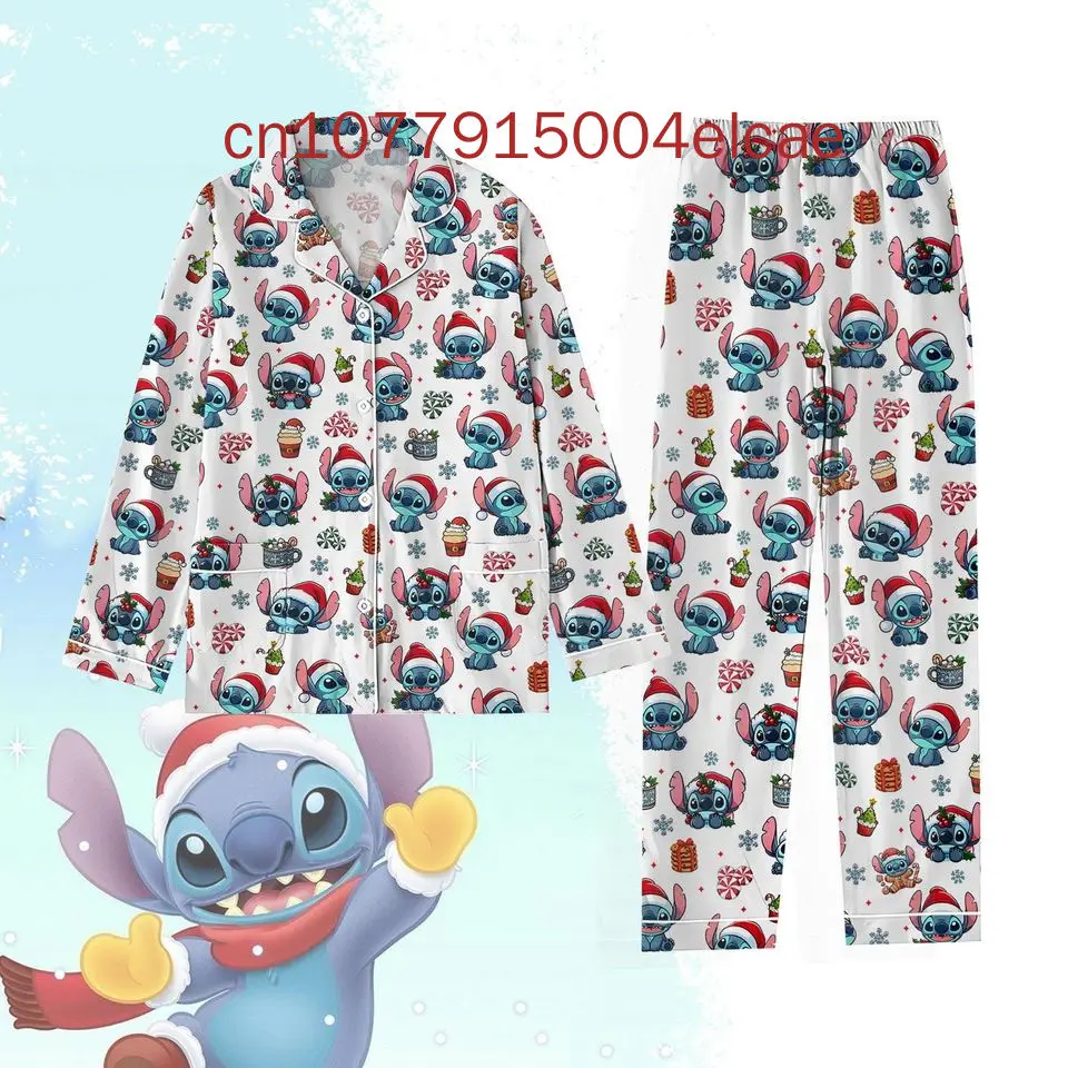 Piyama Stitch natal pria dan wanita, Set piyama kemeja lengan panjang motif 3D untuk pria dan wanita