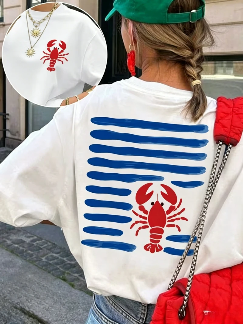 Coastal Lobster & Seashell Print T-shirt Blue Wave Graphic Short Sleeve Tops Women Casual Loose Streetwear Daily Summer Wear Tee