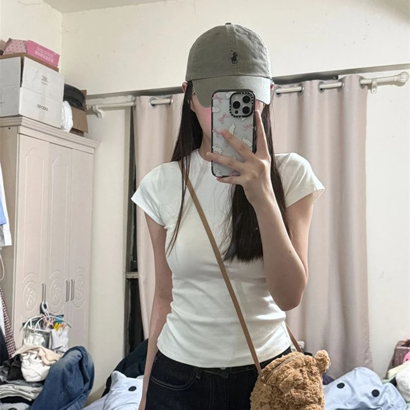 High Quality Pure Cotton Short Sleeve Women's T-shirt Guangzhou Thirteenth Factory Unique Beautiful Slim Fit Shoulder T-shirt