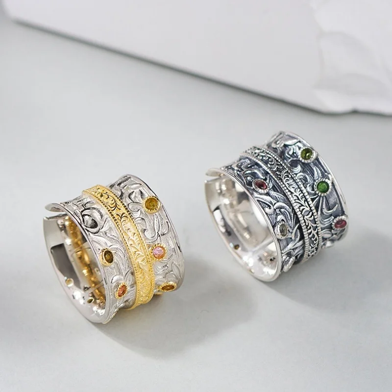 S925 Sterling Silver Charms Rings for Women Men New Fashion Contrast Colored Eternal Rattan Tourmaline Jewelry