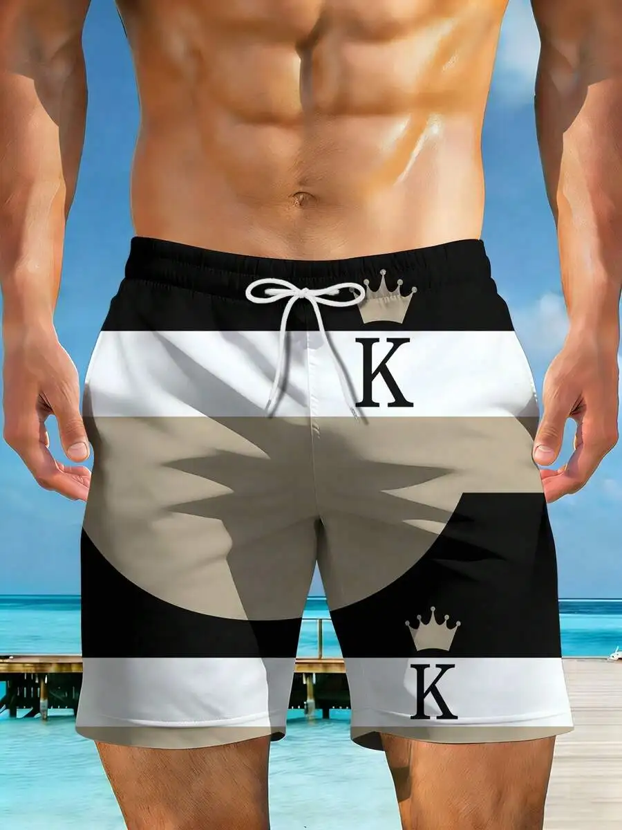 

Mens Swim Trunks With 3D Crown And Letter K Print In Black White Gray For Beach Holiday