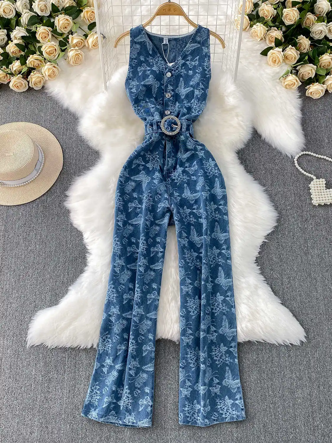 

Летний женский жаккардовый джинсовый комбинезон в американском стиле ретро с узором бабочки, женские комбинезоны с v-образным вырезом, однобортные широкие джинсы