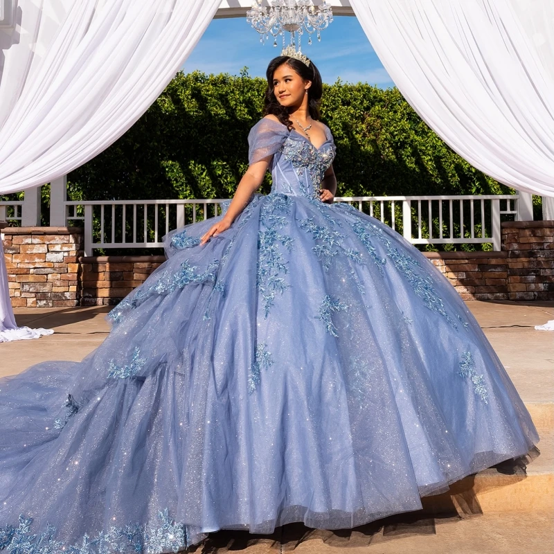 

Navy Blue Shiny Ball Gown Quinceanera Dresses 2026 Applique Lace Beading Crystal Tull Corset Off Shoulder Sweet 16 Dress Years