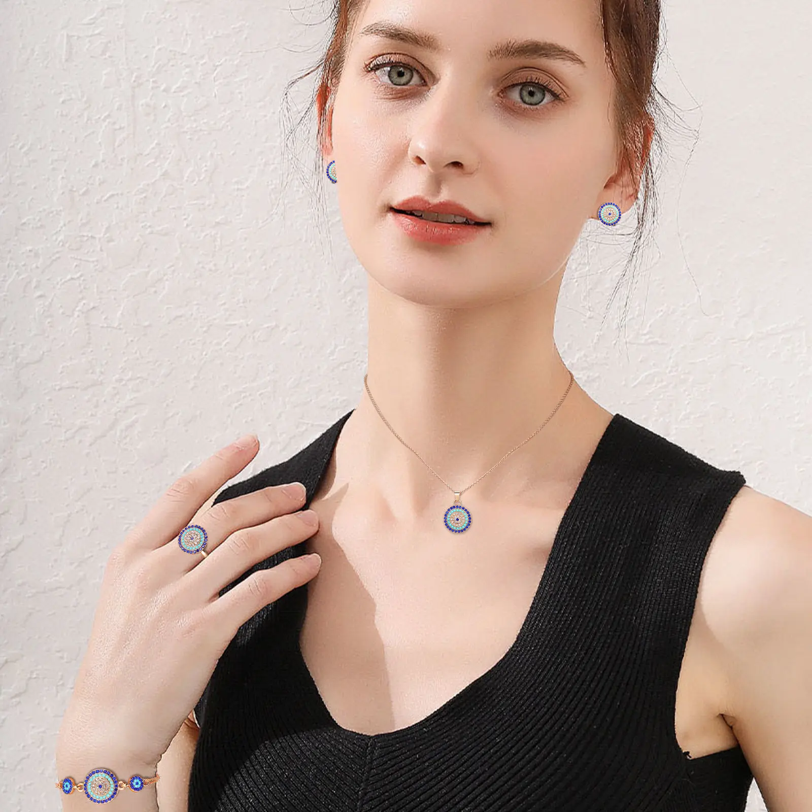 

Набор украшений с турецким синим глазом: колье, кольцо, браслет. Премиум-сплав, женские украшения, шикарный дизайн, уникальный подарок для мамы и подруг.