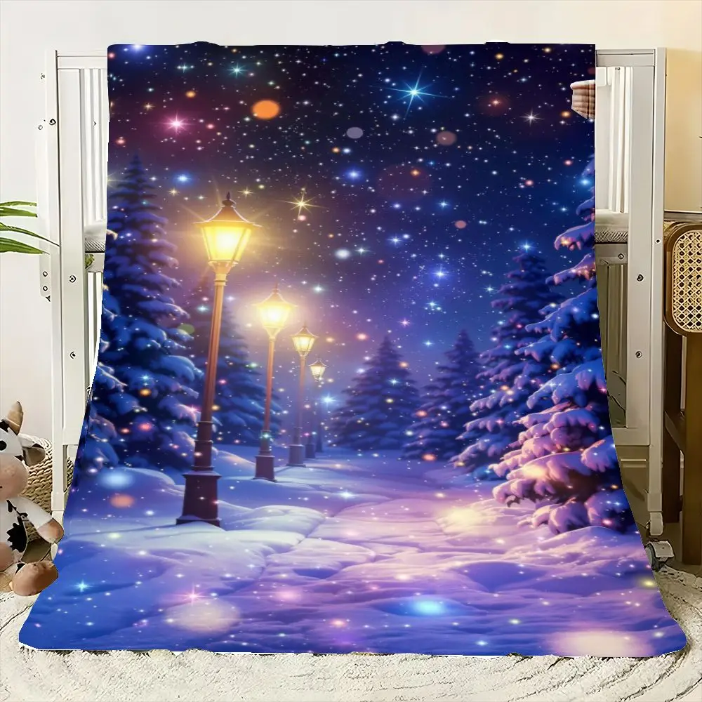 Coperta magica per palcoscenico notturno invernale - Coperta in morbido pile accogliente con paesaggio innevato incantato, toni blu intenso e viola, G