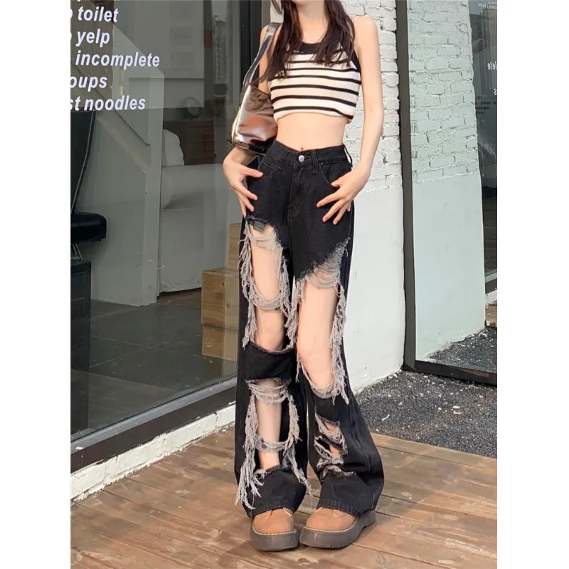 

Женские джинсы с высокой талией, весна 2026, новый стиль, крутые уличные модные рваные прямые брюки в пол