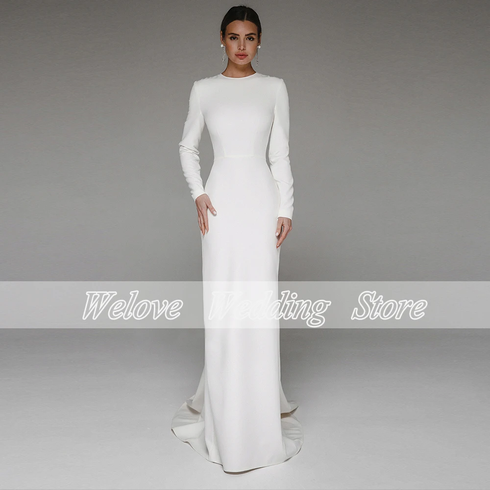 Muslimischen Bürger Meerjungfrau Hochzeit Kleid Für Braut Mit Lange Schutzarme Sweep Zug Einfache Brautkleid O Neck Custom Robe De soriee Femme