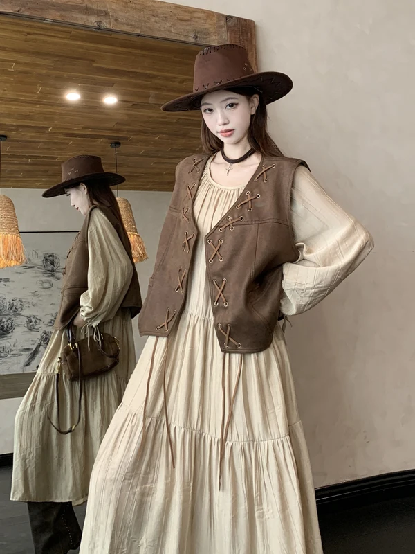 

plus Size Retro Two-Piece Set Spring New Style Suede Vest Jacket Lazy Long Sleeve Dress Loose Fit Korean Style Fashion Set