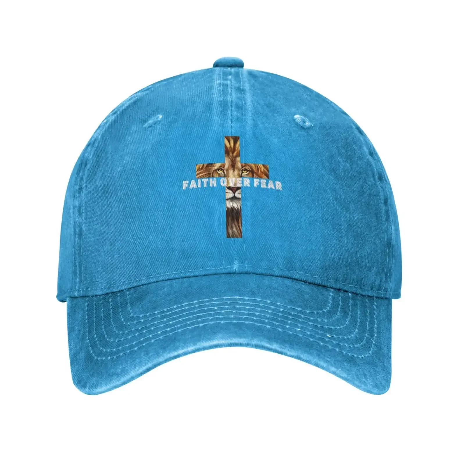 

2026 Baseball Cap Faith Over Fear Lion Jesus Cross Christian Classic Retro Dad Trucker Flat Bill Brim Hat For Men Women