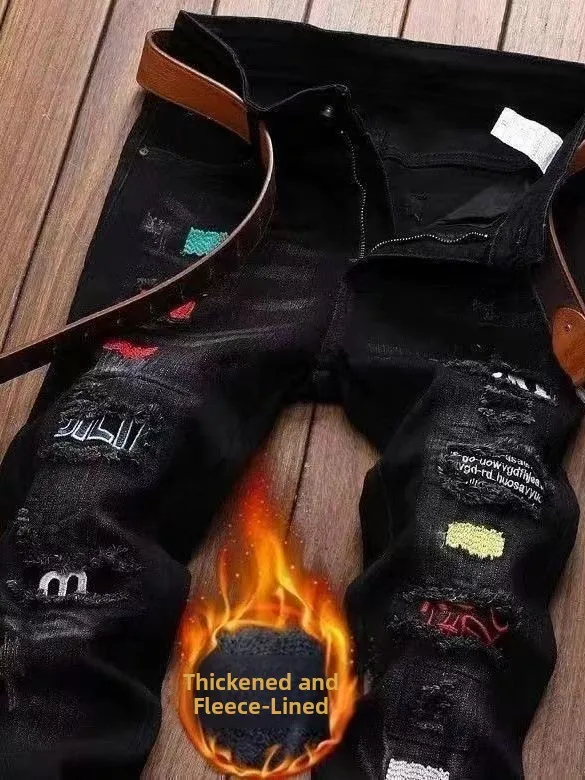 

Мужские джинсы Bla в стиле пэчворк, модные осенне-зимние облегающие джинсы с подкладкой Fce, износостойкие теплые прямые джинсы