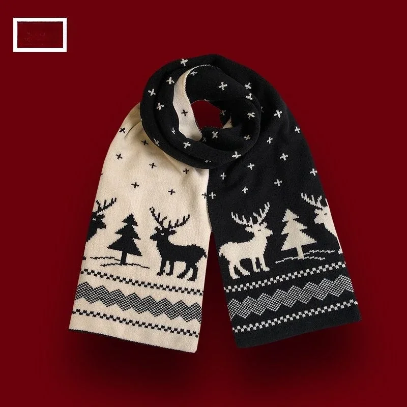 SN55Christmas Present Woolen Shawl Girls  Winter Warm Scarf for Women Men Deer Elk Double-Sided Knitted Scarves Fashion Vers$@1w