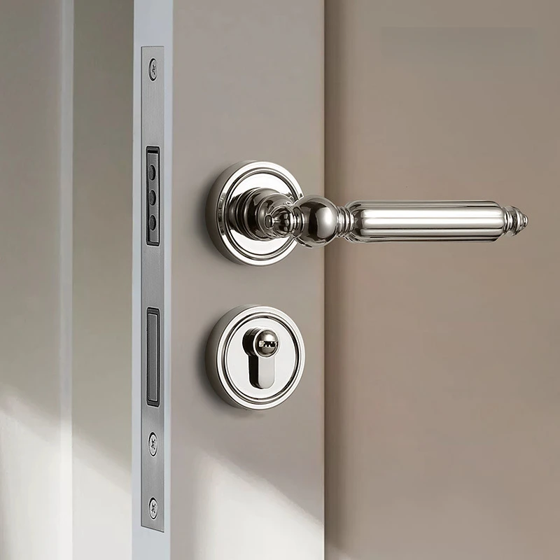 French Silver Magnetic Mute Split Door Lock, Universal Interior Wooden Bedroom Door Hardware Kit with Handle, Hinges