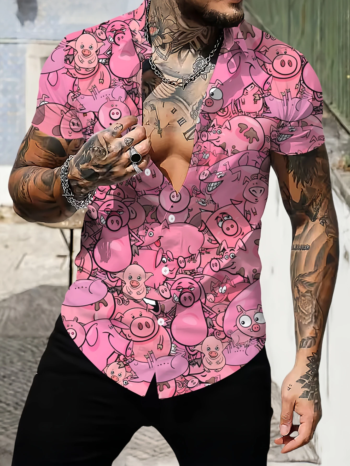 2025 New Cute Pink Piglet Graphic Hawaii Shirts For Men Clothes Harajuku Fashion Pig Animal Cartoon Blouses Unisex Vacation Tops