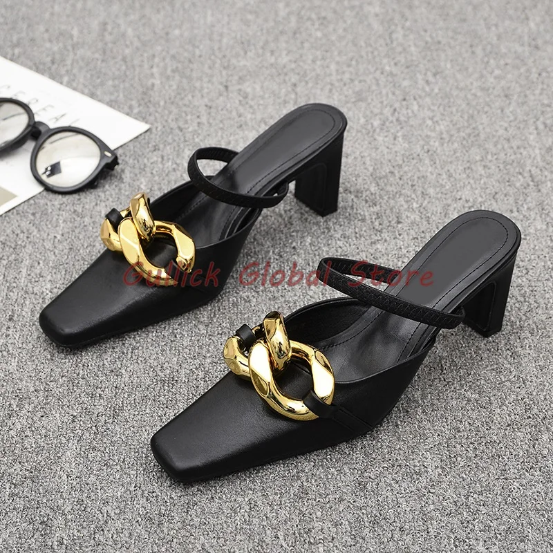 

Handmade Black Leather Wrapped Toe Square Toe Metal Decoration Slippers Chunky Heels Summer Outside Grace Women Slides Soft Cosy