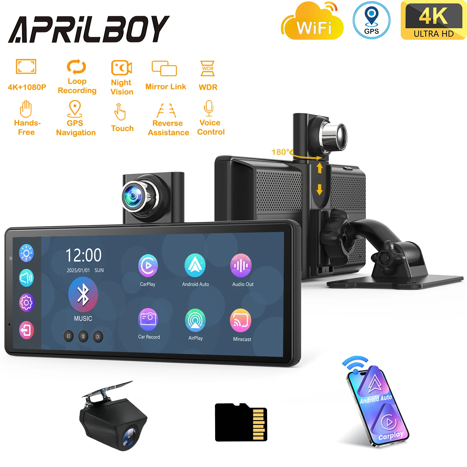 

Aprilboy 9" 4K Car DVR Wireless CarPlay & Android Auto Dash Cam Bluetooth Audio AUX GPS Navigation Dashboard Video Recorder