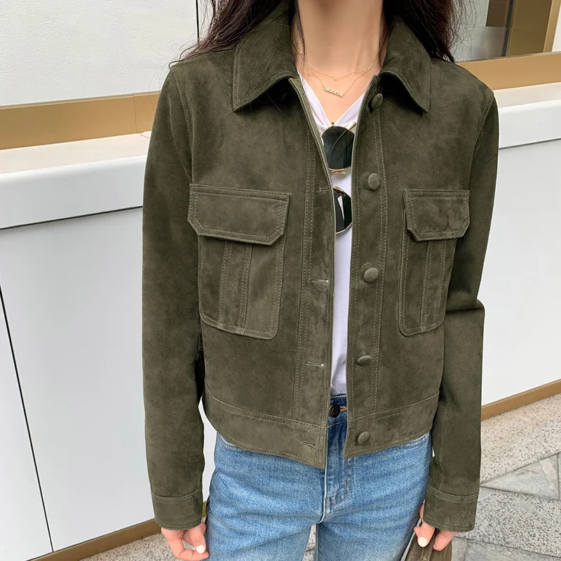 Chaqueta clásica de ante para mujer, Parka de manga larga con botonadura única de piel de oveja auténtica marrón, prendas de vestir elegantes, Tops TF5844