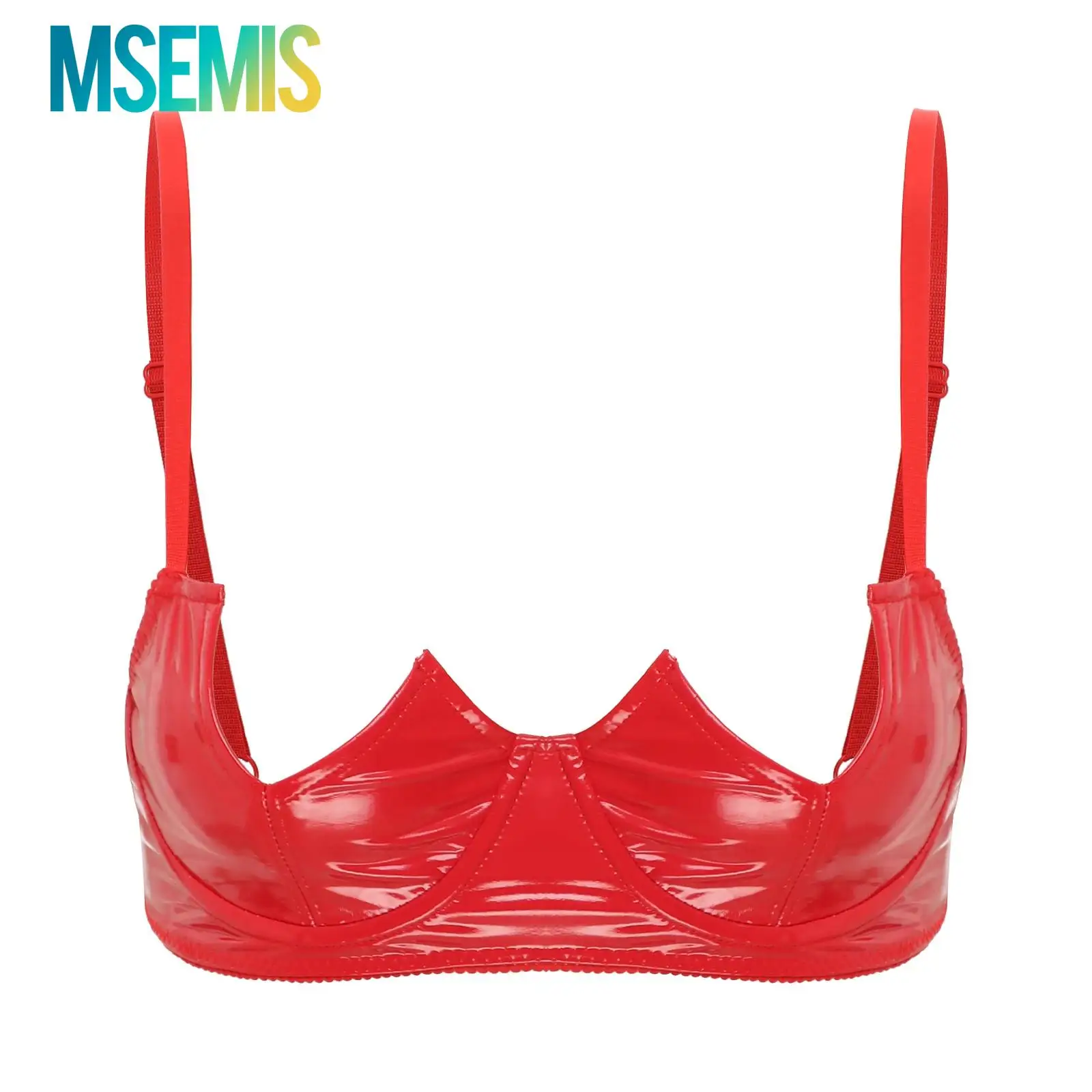 

Womens V-Notch Underwired Open Chest Bra Tops Lingerie Underwear Clubwear Wet Look Patent Leather Bare Breast Exposed Brassiere