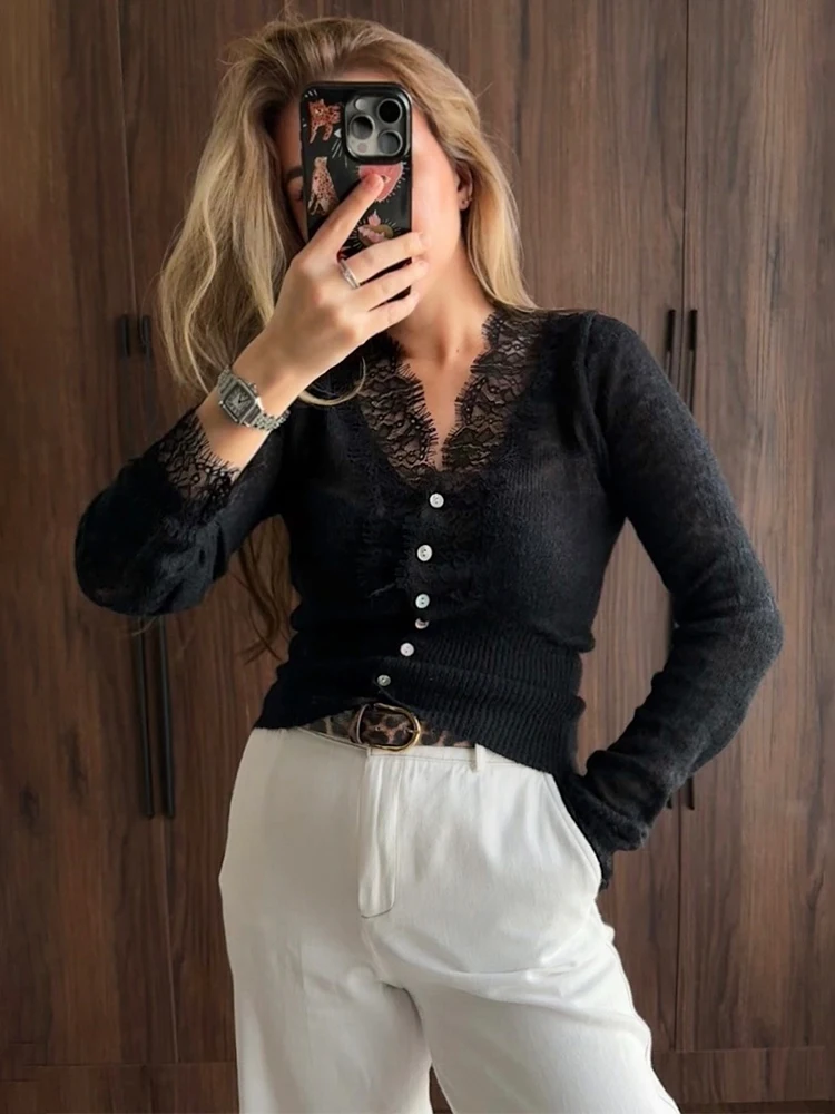 

Trendix V Neck Knit Lace Cardigan Women Fashion Patchwork Long Sleeve Short Top Party Casual Sexy See Through Knitwear Slim Tops