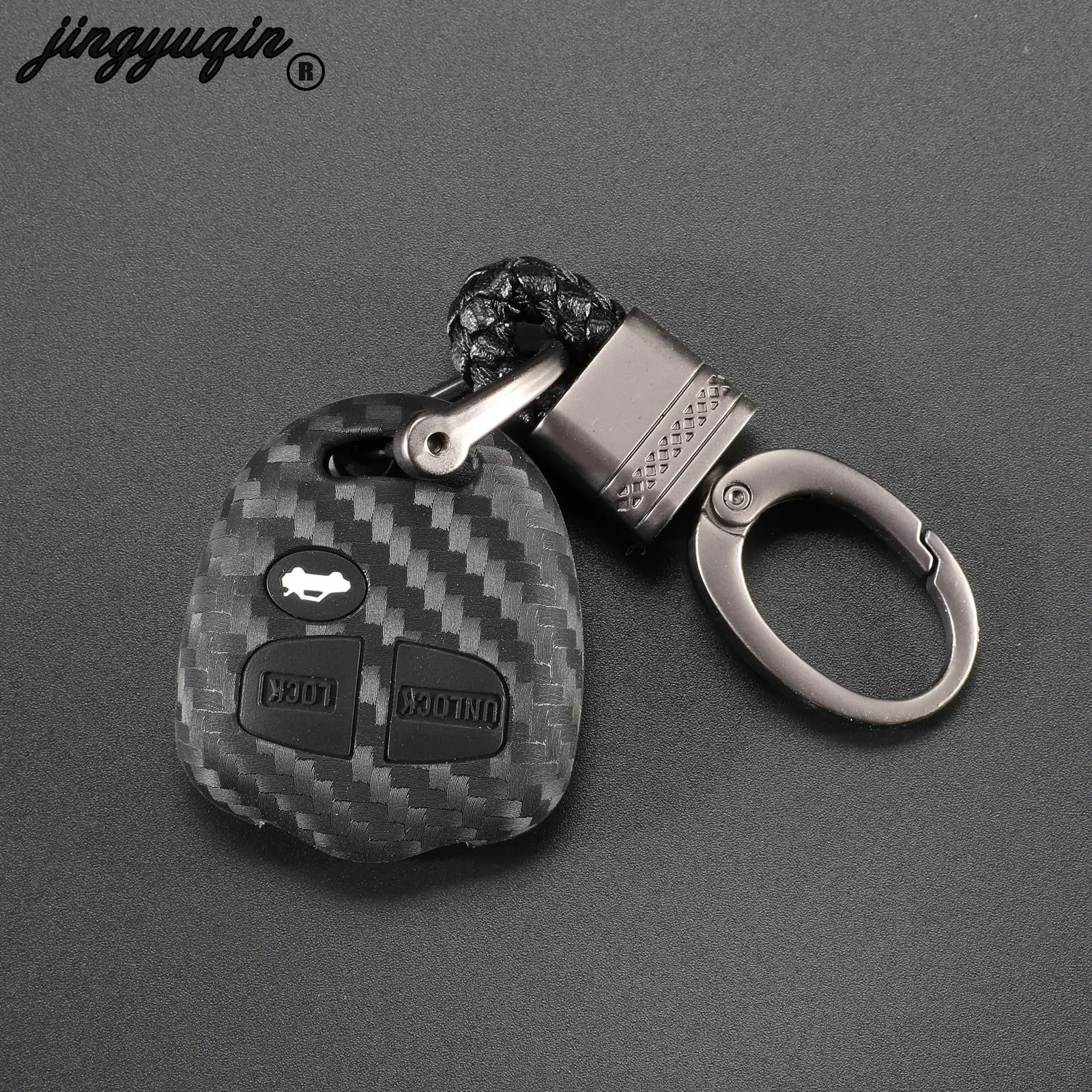 Jingyuqin for Mitsubishi Outlander Colt Lancer Grandis Pajero Braid Keychain Car Carbon Silicone Key Case Cover Protect