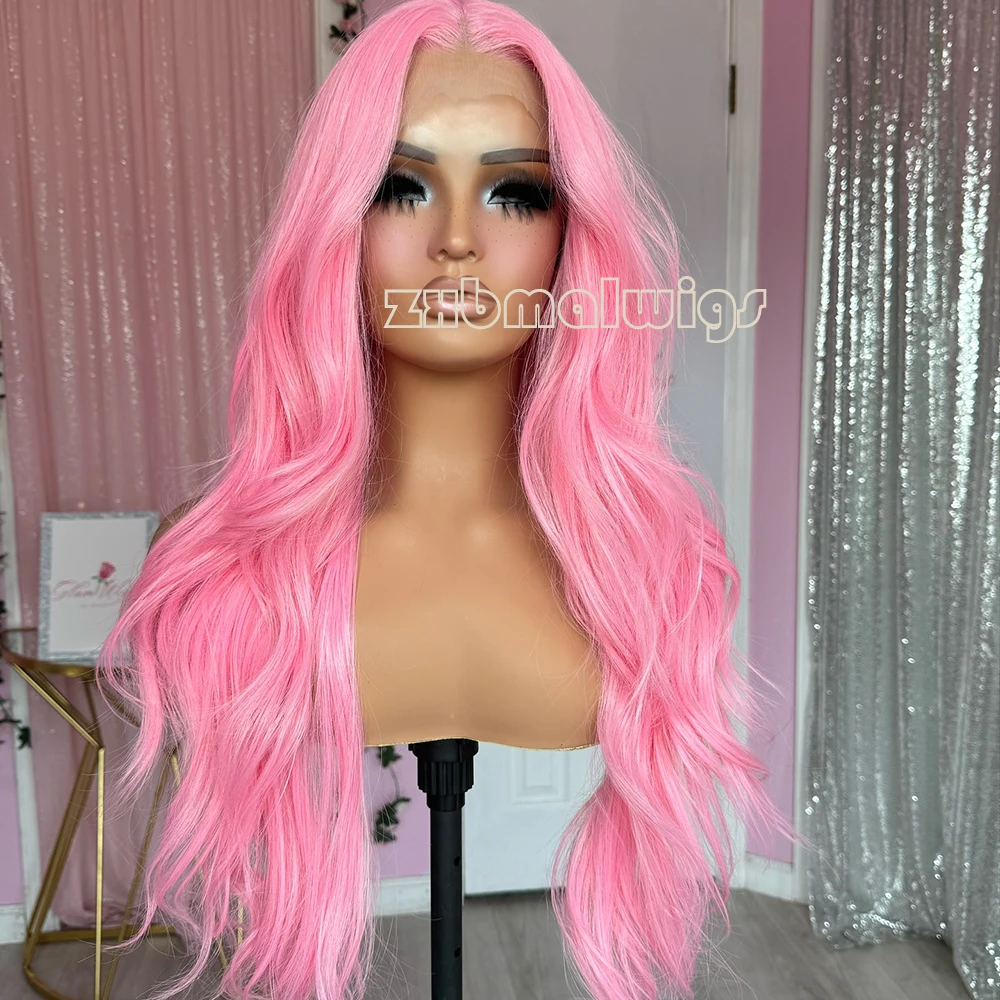 ZXBMALWIGS Long  Pink Body Wave Synthetic Hair Lace Front Wigs for Women  High Temperature Fiber Lace Wigs Daily Cosplay