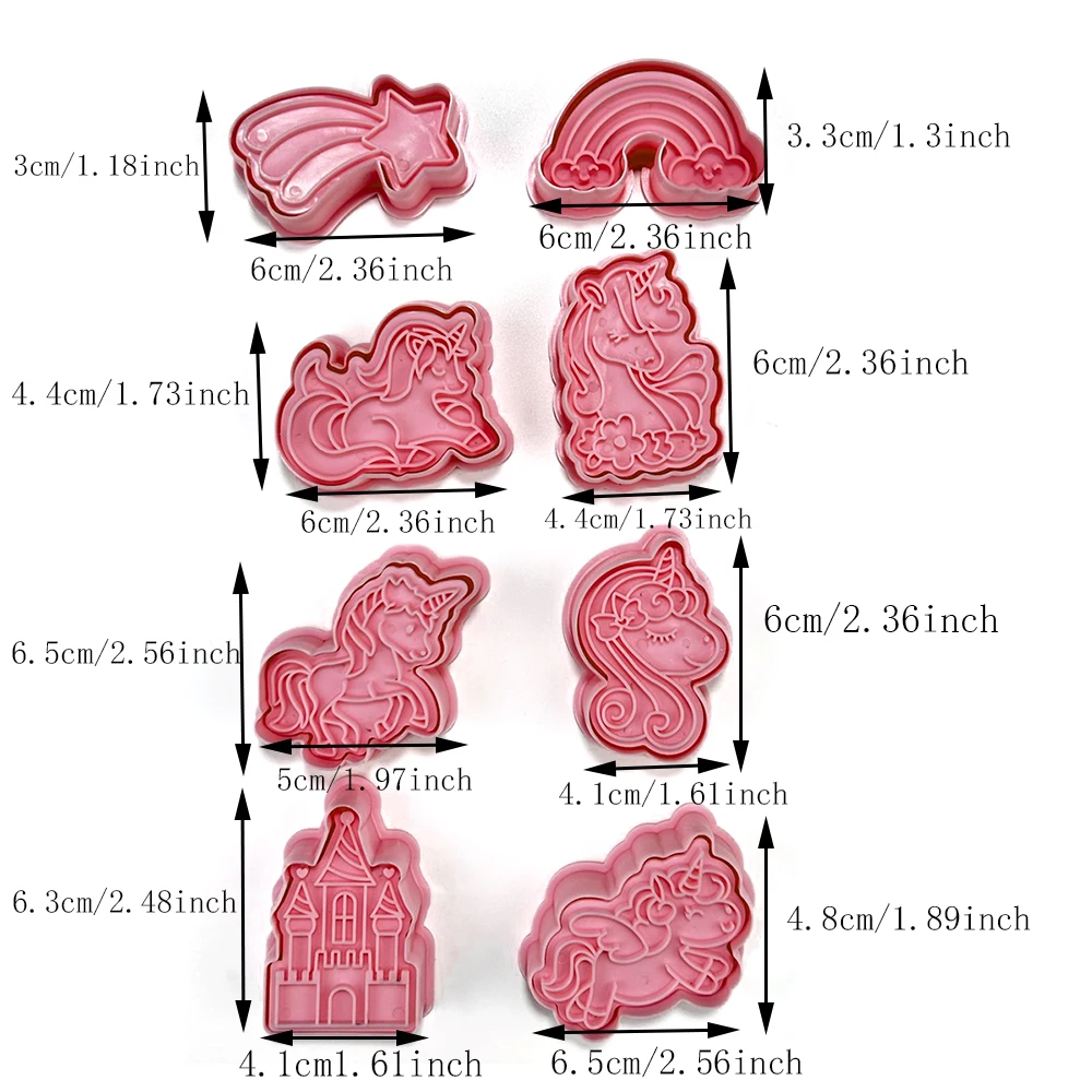 Cookies Cutter 8 pieces Unicorn Dough Stamp Plastic 3D Cartoon Pressable Biscuit Mold Kitchen Baking Pastry Bakeware